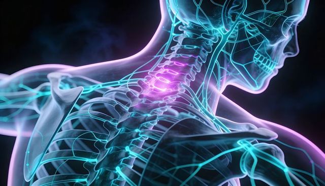 Translucent cervical spine illustration highlighting vertebrae, spinal cord, nerve paths