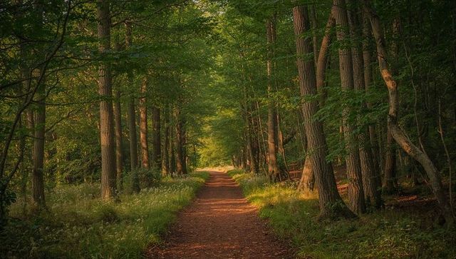 Sunlight guiding dirt trail through lush green woodland with dappled canopy