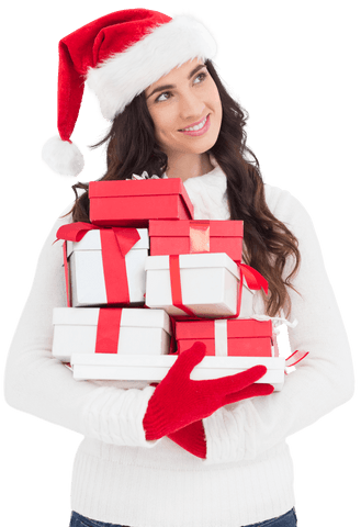Smiling Woman Wearing Santa Hat Holding Gift Boxes on Transparent Background