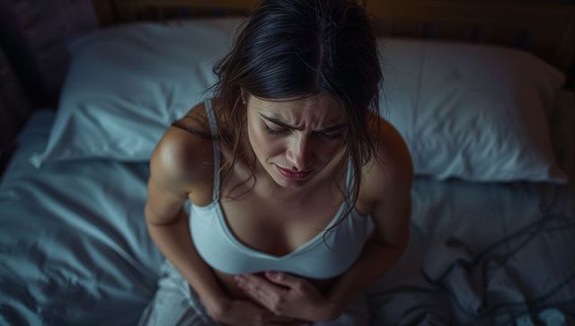 Woman sitting on bed experiencing abdominal discomfort at night