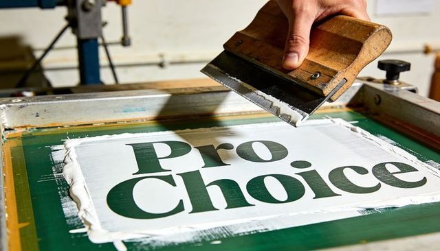 Hand pulling squeegee printing pro choice poster on green screen mesh workshop studio