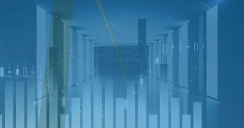 Blue corridor merging with financial candlestick charts and bar graphs for analytics