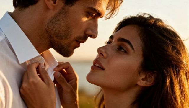 Couple leaning close at golden hour coastal sunset adjusting shirt collar romantic embrace