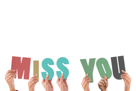 Transparent hands holding colorful miss you letters