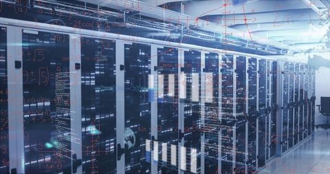 High-tech data center with abstract network overlay visual