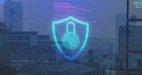 digital security symbol over modern cityscape - Download Free Stock Images Pikwizard.com