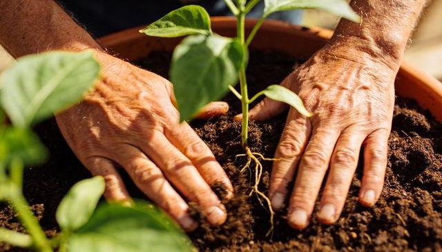 Wrinkled hands planting young seedling in terracotta pot under warm sunlight, closeup roots