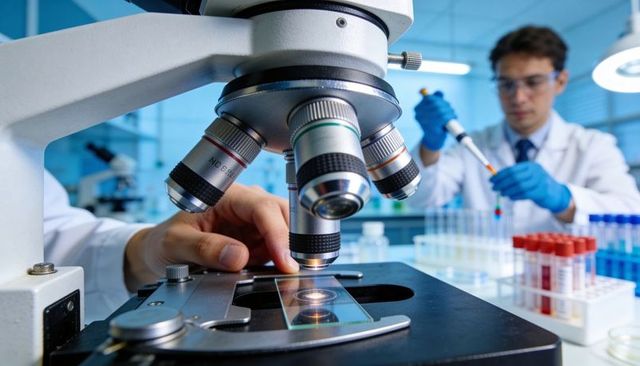 Scientist adjusting microscope slide while colleague pipetting samples in research lab