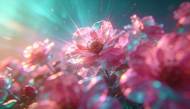 Glowing iridescent pink blossom blooming with dew-speckled petals and dreamy bokeh light