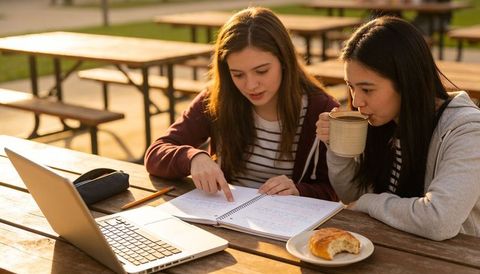 Two teen students studying together outdoors on campus with laptop, notebook, coffee