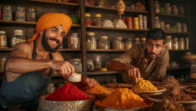 Vibrant indian spice market vendors scooping colorful powders in traditional shop