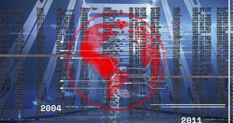 Red globe overlaying digital corridor representing global connectivity