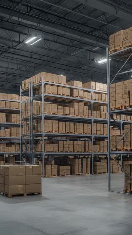 Vertical warehouse racking panning with pallet jack rolling through distribution center