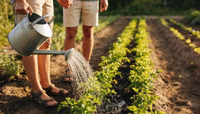Couple watering seedlings holding hands in sunlit backyard garden with metal watering can