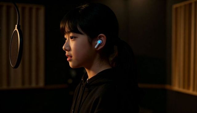 Teen vocalist recording in home studio wearing wireless earbud and black hoodie