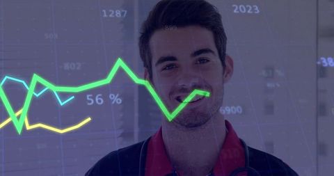 Smiling doctor with data overlay representing medical innovation