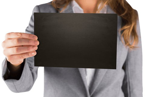 Businesswoman holding blank black card transparent background mockup