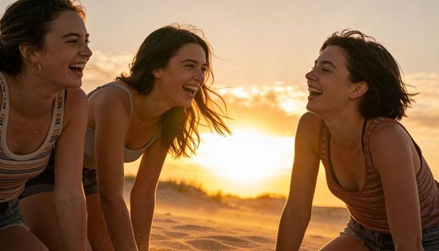 Teen friends laughing on sandy beach at sunset leaning forward during golden hour