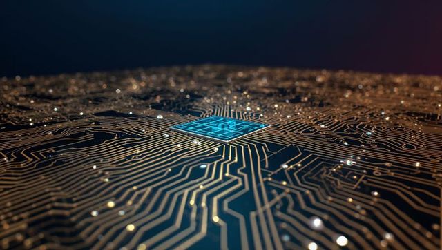 Glowing microchip sending gold circuit traces across dark pcb conveying network technology