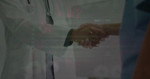 Doctor and nurse shaking hands with hud overlay representing telemedicine partnership