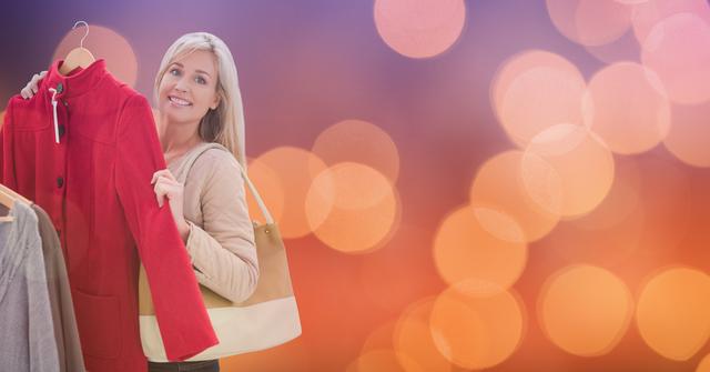 Digital composite of Portrait of woman buying red jacket over bokeh