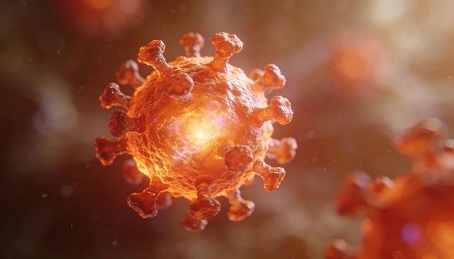 Glowing coronavirus particle with luminous core and spike proteins on warm orange bokeh
