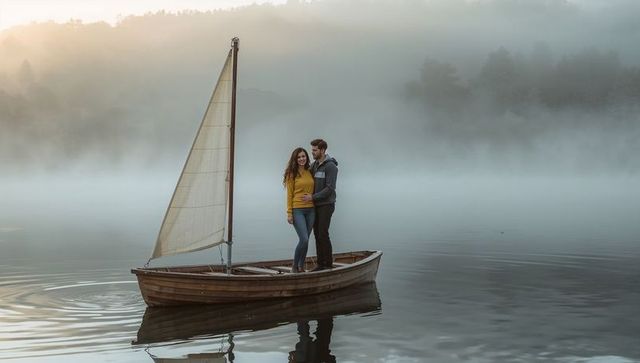 Young Couple Standing on Wooden Sailboat at Misty Dawn Lake, Romantic Sunrise Reflection