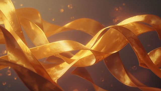 Interwoven golden ribbons in luminous abstract space