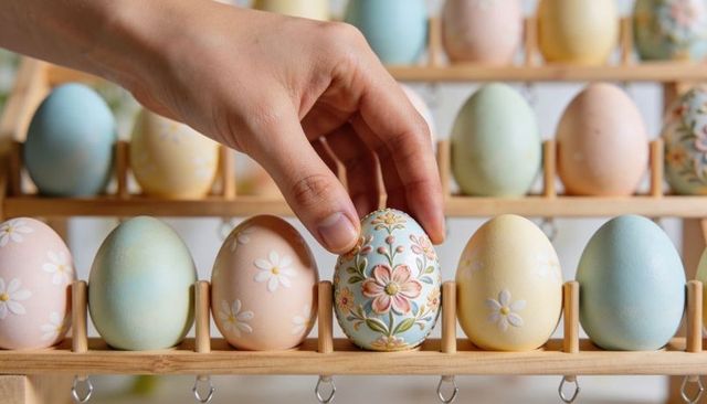 Hand reaching picking hand-painted pastel floral easter egg from light wooden rack