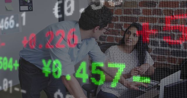 Business Colleagues Analyzing Financial Data with Stock Market Ticker Overlay - Download Free Stock Images Pikwizard.com