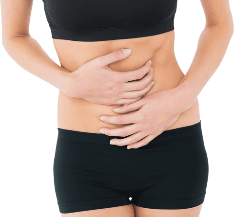 Transparent fit woman gripping stomach shows discomfort or pain