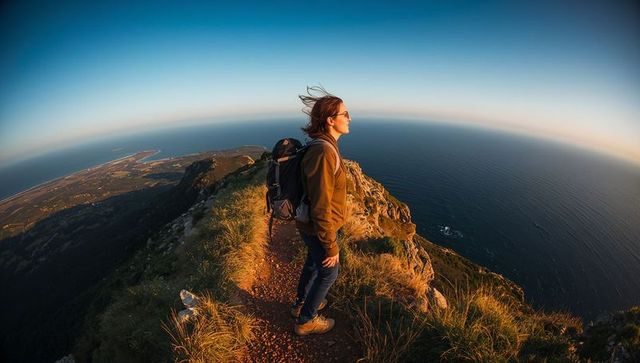 Sunlit coastal ridge hiker standing on cliff overlooking ocean at golden hour for travel