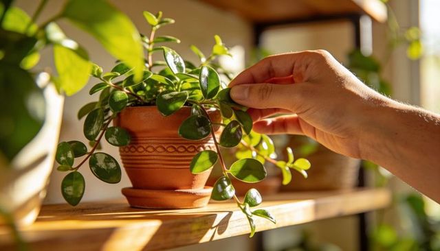 Hand adjusting trailing peperomia in terracotta pot on sunlit wooden shelf