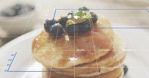 Glossy Pancake Stack with Blueberries and Pistachios under Futuristic Grid Overlay
