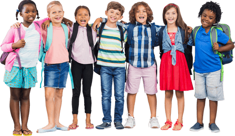 Diverse Group of Happy Children with Backpacks on Transparent Background
