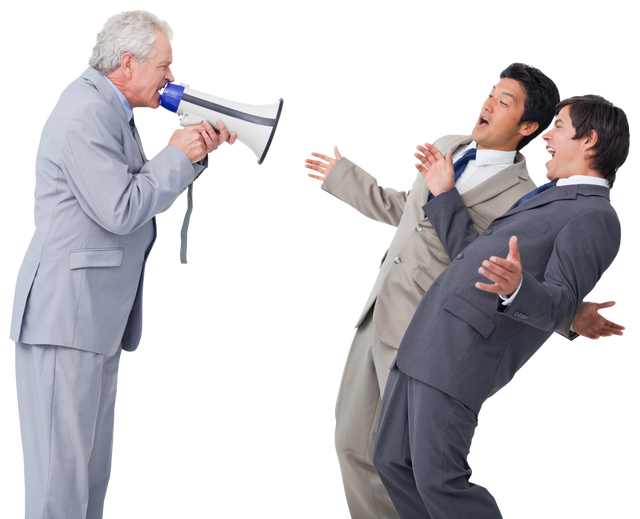 Senior Manager with Megaphone Yelling at Shocked Businessmen on Transparent Background - Download Free Stock Videos Pikwizard.com