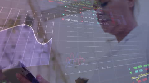 Senior Woman Analyzing Financial Data with Digital Technology Overlay