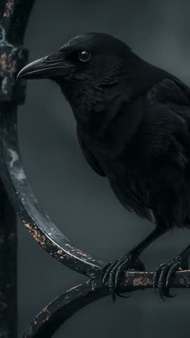 Perching Crow Tilting and Scanning on Rusted Iron Railing — Cinematic Moody Vertical Wildlife Video
