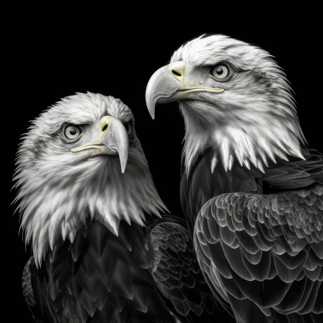 Two majestic bald eagles face each other against a black background. Their intense gazes and detailed feathers showcase the regal nature of these birds of prey.