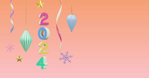 Colorful 2024 new year decoration with ornaments on pink background