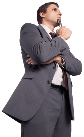 Pensive Businessman in Suit Holding Glasses on Transparent Background