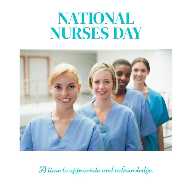 Celebration of National Nurses Day featuring a diverse team of female nurses. Ideal for content related to healthcare appreciation, National Nurses Day promotions, medical staff recognition, and healthcare industry recognition posts.