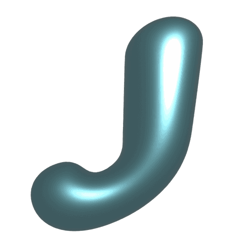 Transparent teal metallic j-shaped tube with neon rim lighting glossy 3d sculpture