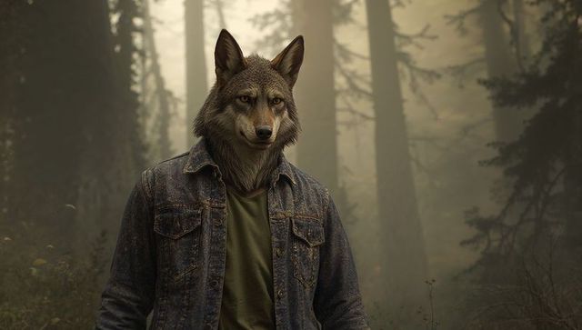 Humanoid Wolf Wearing Denim in Foggy Forest Wilderness