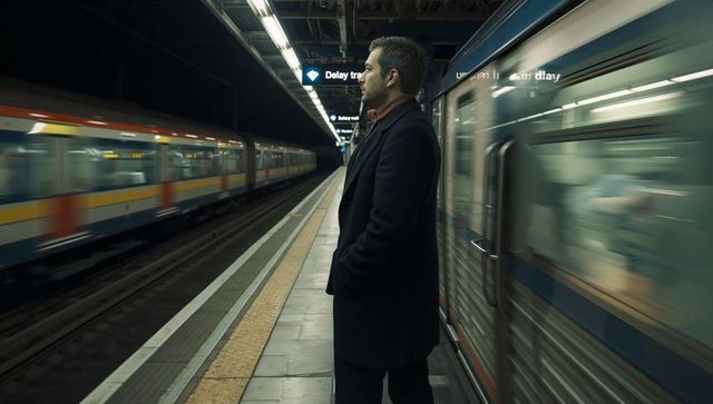 Solitary commuter standing on metro platform at night with passing trains and motion blur