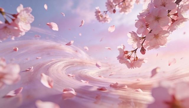 Drifting cherry blossom petals swirling over pastel reflective water, dreamy spring scene