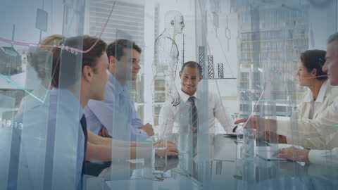 Diverse Team Analyzing Digital Financial Data with Holographic Interface