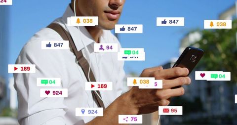 Young man scrolling smartphone while walking outdoors with social media alert overlays