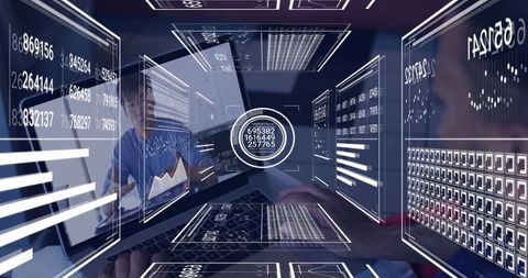 Business Team Collaborating on Holographic Data Dashboards with Futuristic Augmented Reality HUD