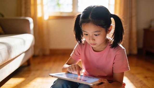 School-age girl using tablet, learning in sunlit living room